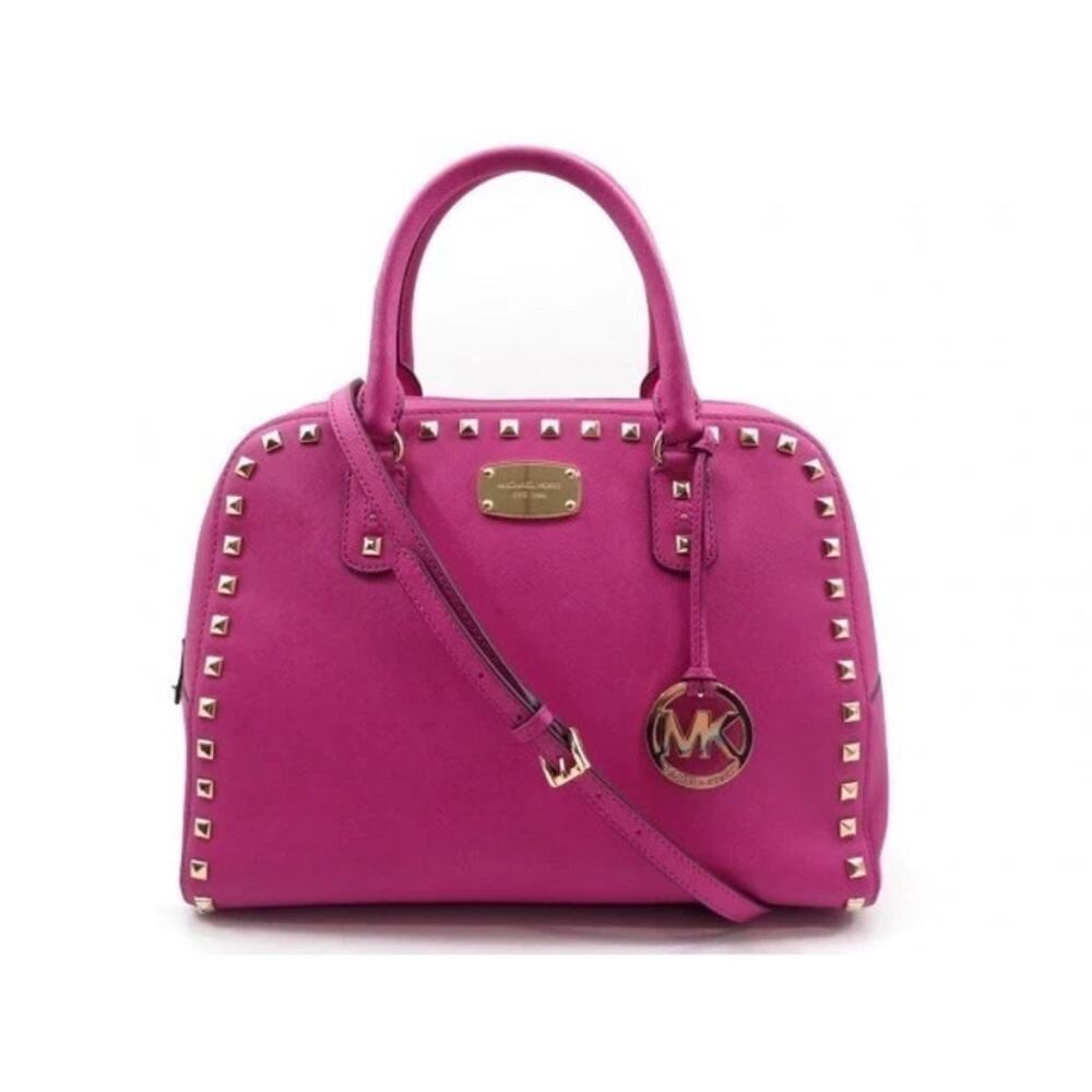 Michael Kors Selma Studded Hot Pink Leather Medium Satchel Crossbody Bag